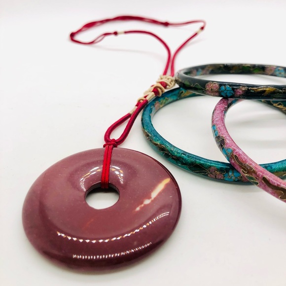 Vintage Cloisonne Bangles & Stone Pendant Necklace - Picture 11 of 11